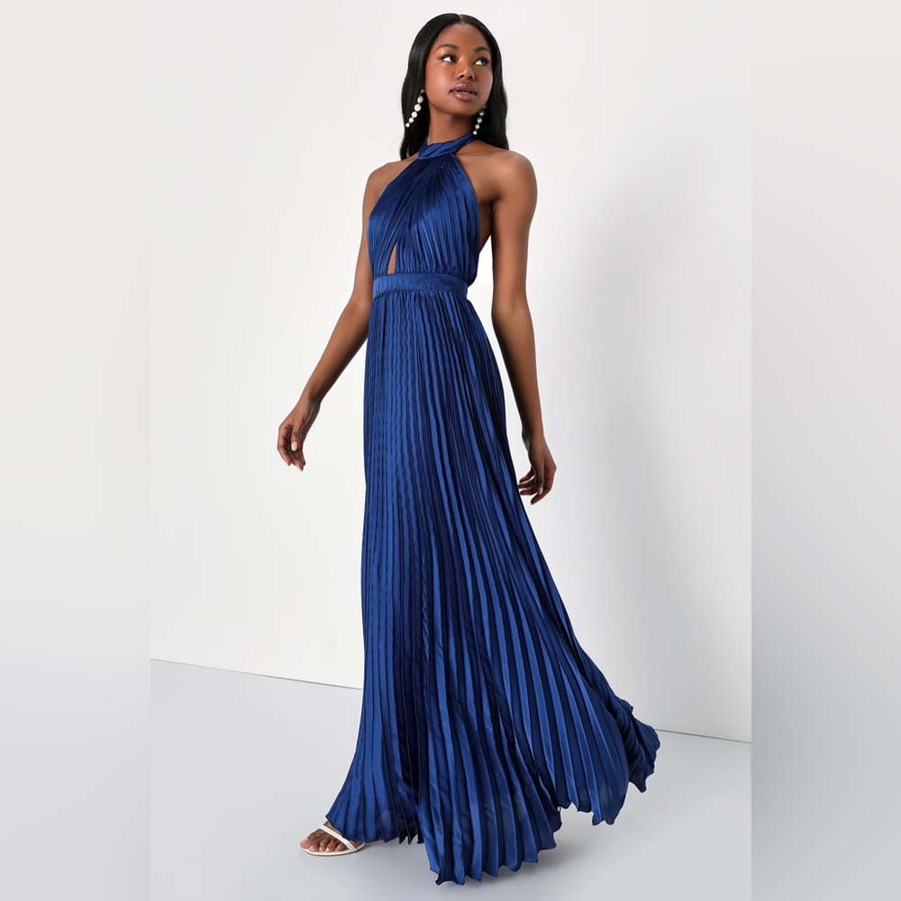 Midnight Moves Navy Blue Pleated Satin Cutout Halter Maxi Dress